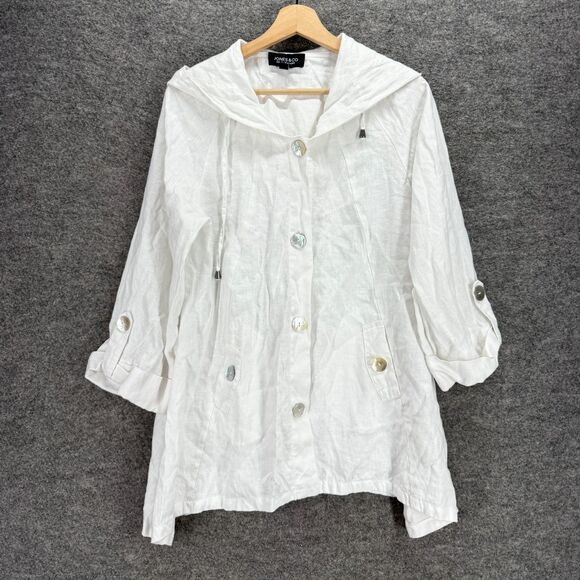 Jones & Co Jacket Women L Large White Linen 3/4 Sleeve Hooded Pockets Casual - Picture 1 of 7